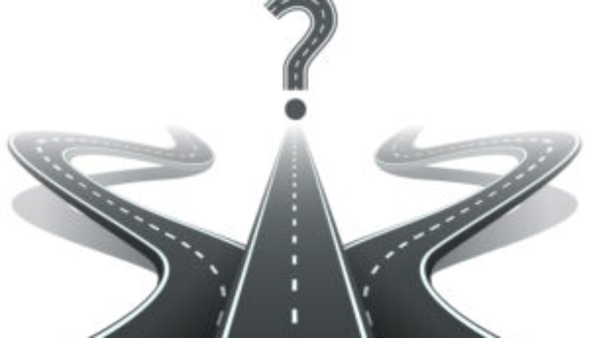 Three roads and question mark. Choosing the right path concept