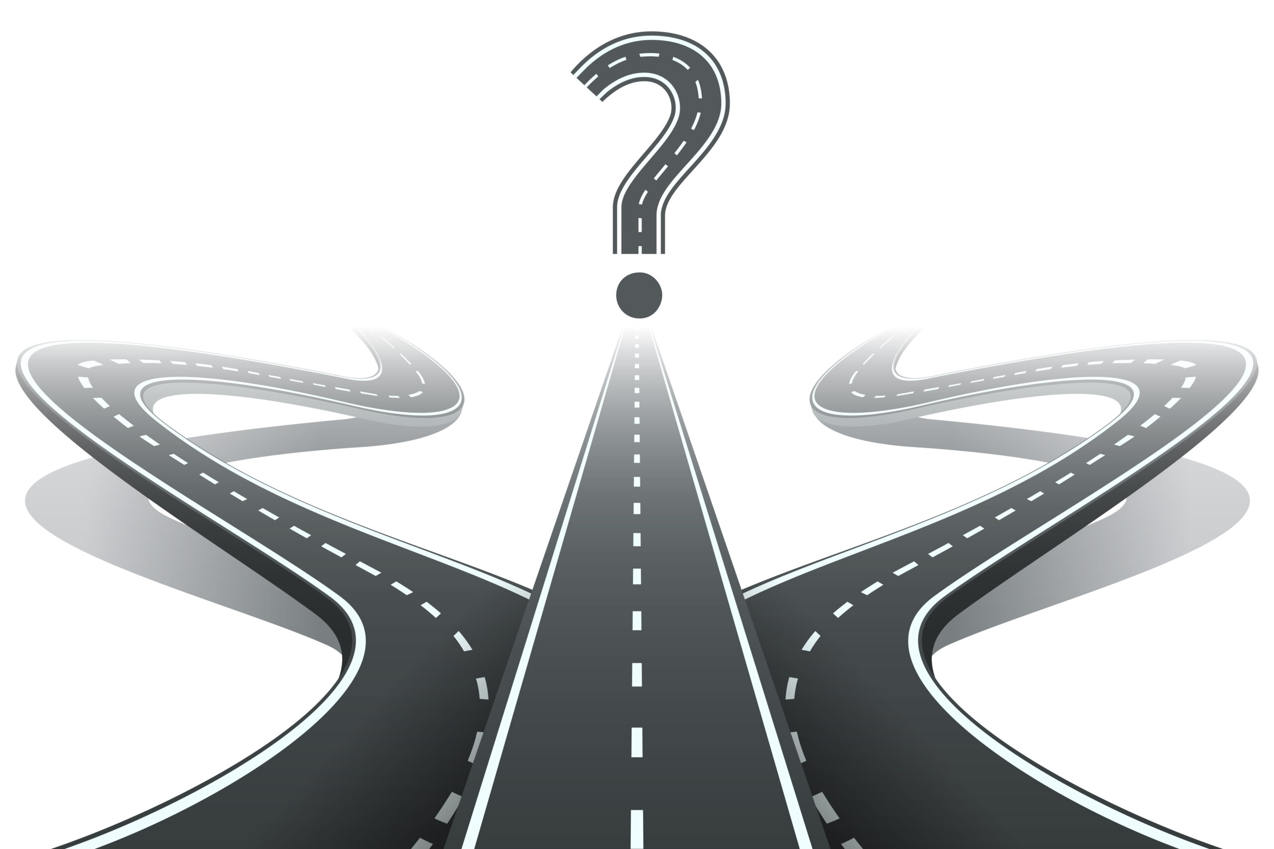 Three roads and question mark. Choosing the right path concept